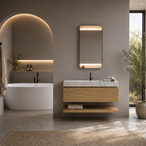 Wall-Hung Oak Cabinet, 1 Drawer + MARBLE Basin | 3904
